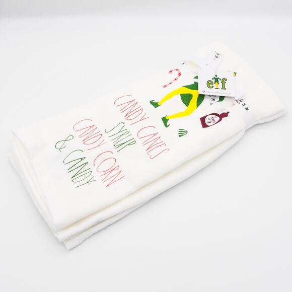 Rae Dunn Elf "CANDY CANES SYRUP CANDY CORN & CANDY" Kitchen Towel Set of 2 - Picture 2 of 5